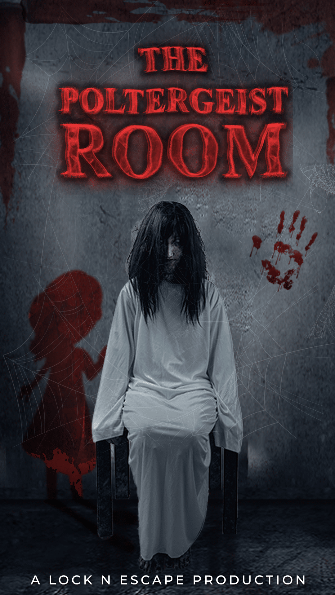 A spooky scene from the Poltergeist Room at LockNEscape, Hyderabad, featuring a chilling live actor and eerie decor for thrilling mystery games.