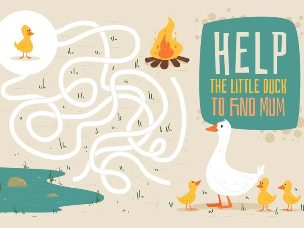 Illustration of a maze for kids featuring a little yellow duck searching for its mother with playful graphics and a campfire nearby.