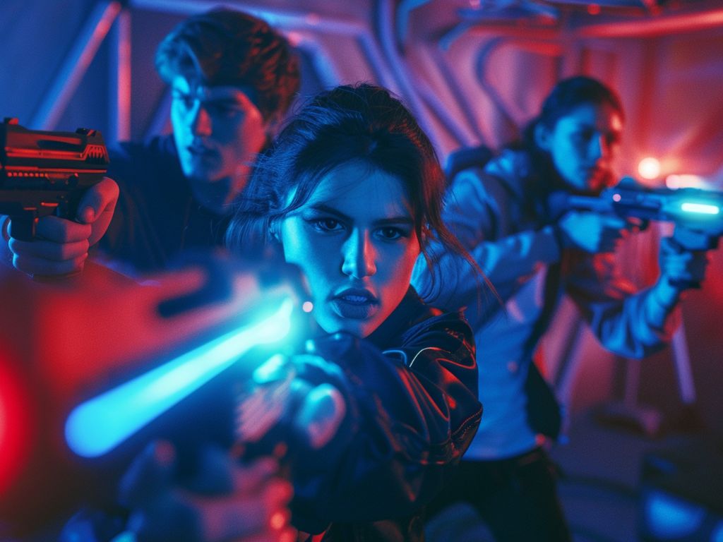 Group of friends aiming laser guns at Laser Shooter arena in Hyderabad