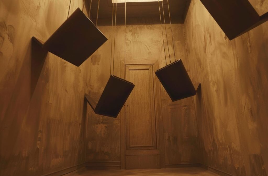 Mysterious escape room with hanging puzzle boxes and a closed wooden door under dramatic lighting
