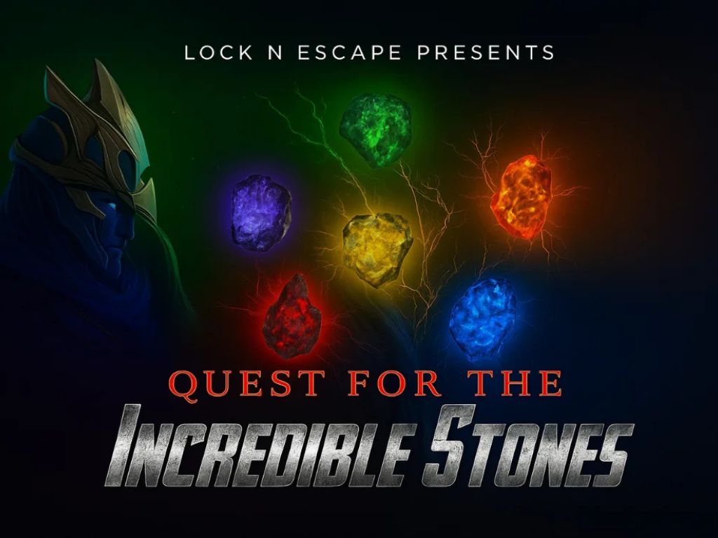 Poster of Quest for the Incredible Stones escape game featuring glowing magical stones and a mysterious armored figure