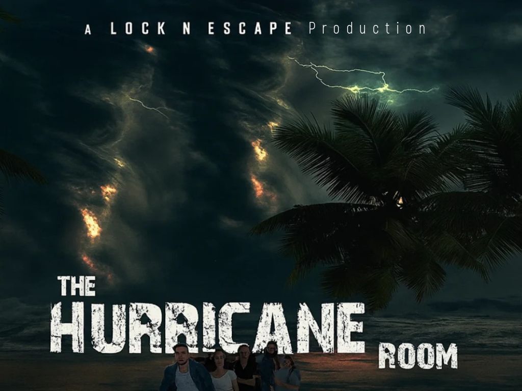 Poster of The Hurricane Room escape game at Lock N Escape showing a stormy sky, lightning, and palm trees