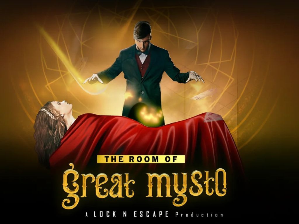 Poster of The Room of Great Mysto escape game featuring a magician performing a levitation illusion