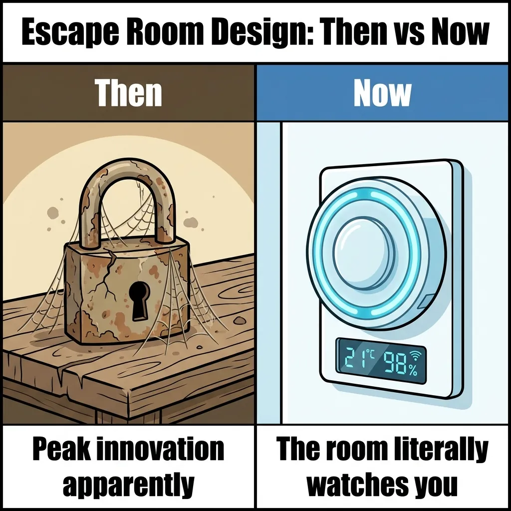 Two-panel comic meme: rusty cobwebbed padlock labeled 'Then' vs sleek IoT sensor with LED ring labeled 'Now', escape room design comparison