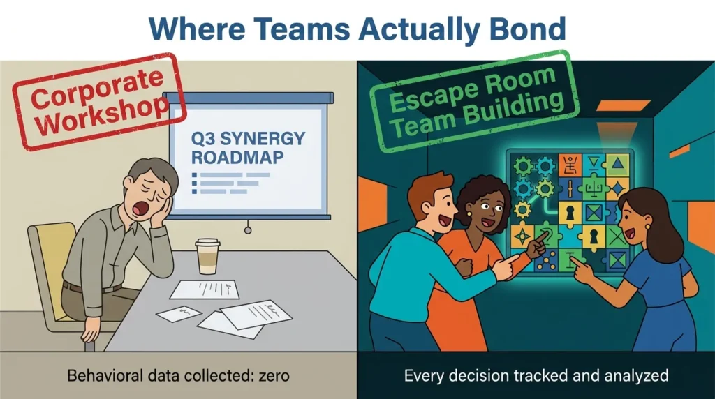 Split editorial illustration: bored employee yawning at PowerPoint on left, three coworkers excitedly solving escape room puzzle on right