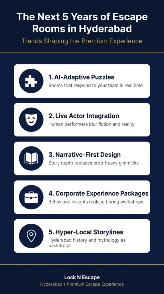 Navy and gold infographic listing 5 escape room trends in Hyderabad &mdash; AI puzzles, live actors, story design, corporate packages, local history