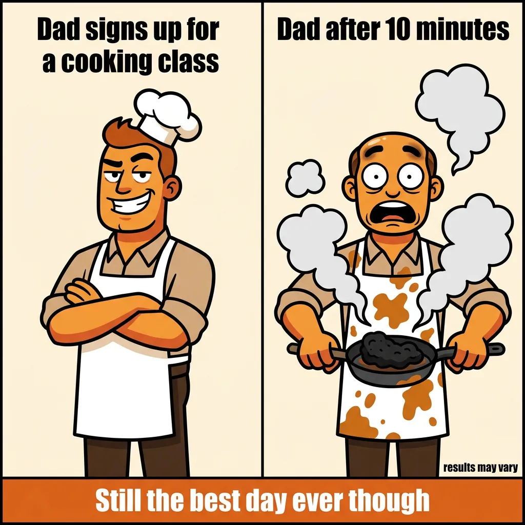 Dad's Cooking Class Meme - Flat Cartoon Two-Panel Illustration Two-panel cartoon meme: confident dad in chef hat crosses arms on left, same dad surrounded by smoke holding burnt dish on right, caption reads Still the best day ever though