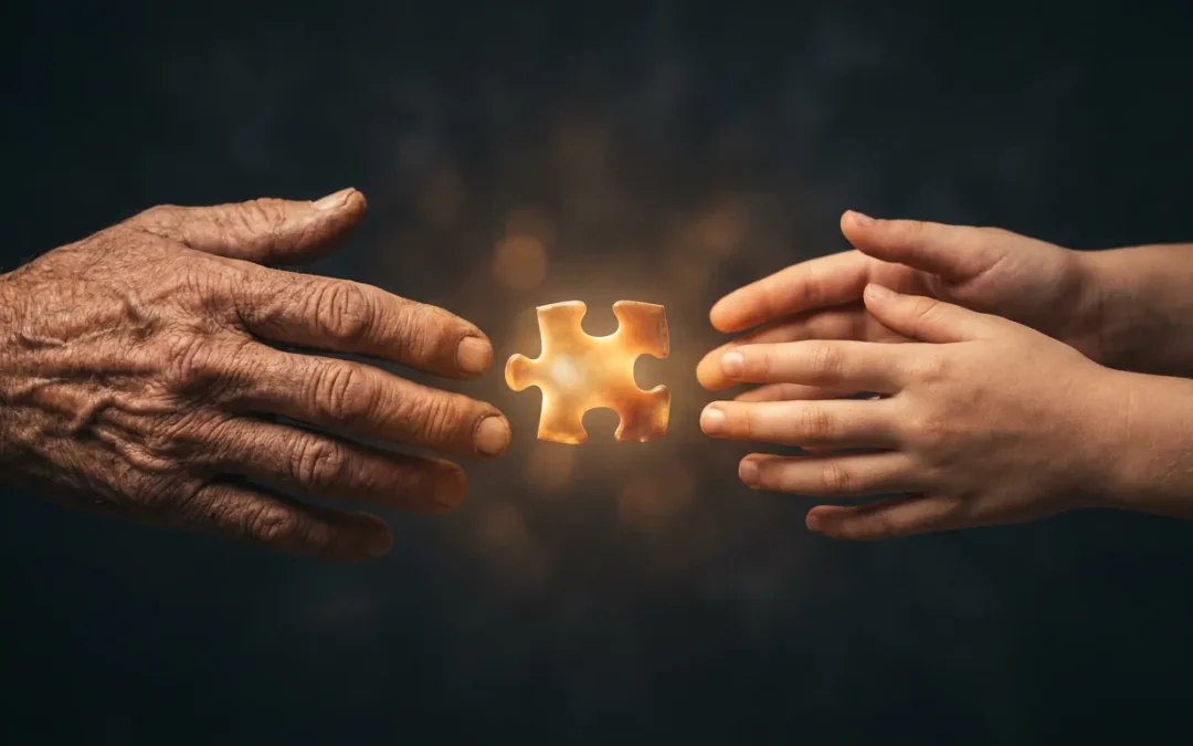 Weathered father's hands and child's hands reaching toward glowing puzzle piece floating in warm amber light against dark background