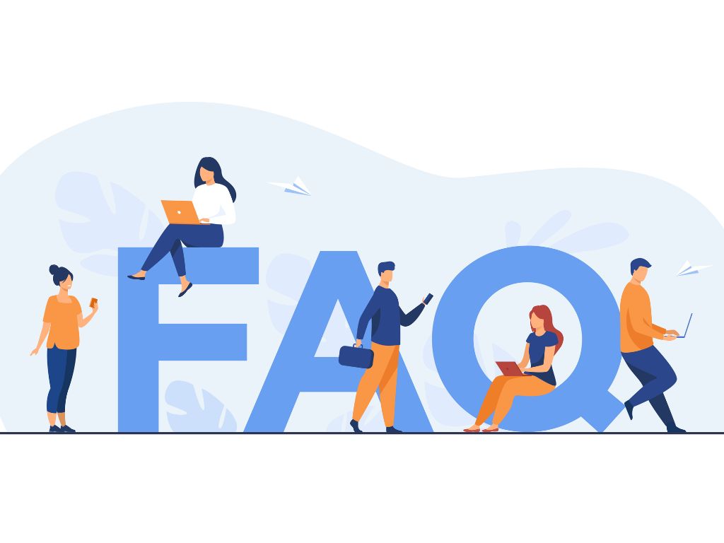 Illustration of people with devices around large FAQ letters, answering common questions about rakhi gift ideas in Hyderabad for Raksha Bandhan at Lock N Escape
