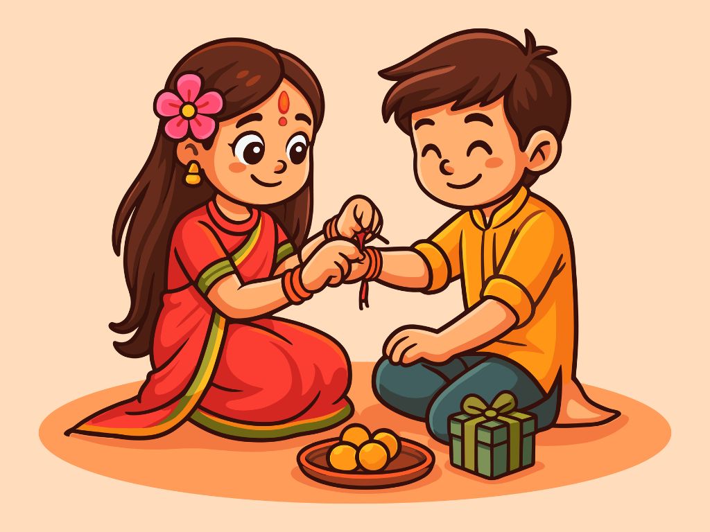 Cartoon illustration of a sister tying rakhi on her brother's wrist with laddoos and a gift box, celebrating Raksha Bandhan in Hyderabad with Lock N Escape