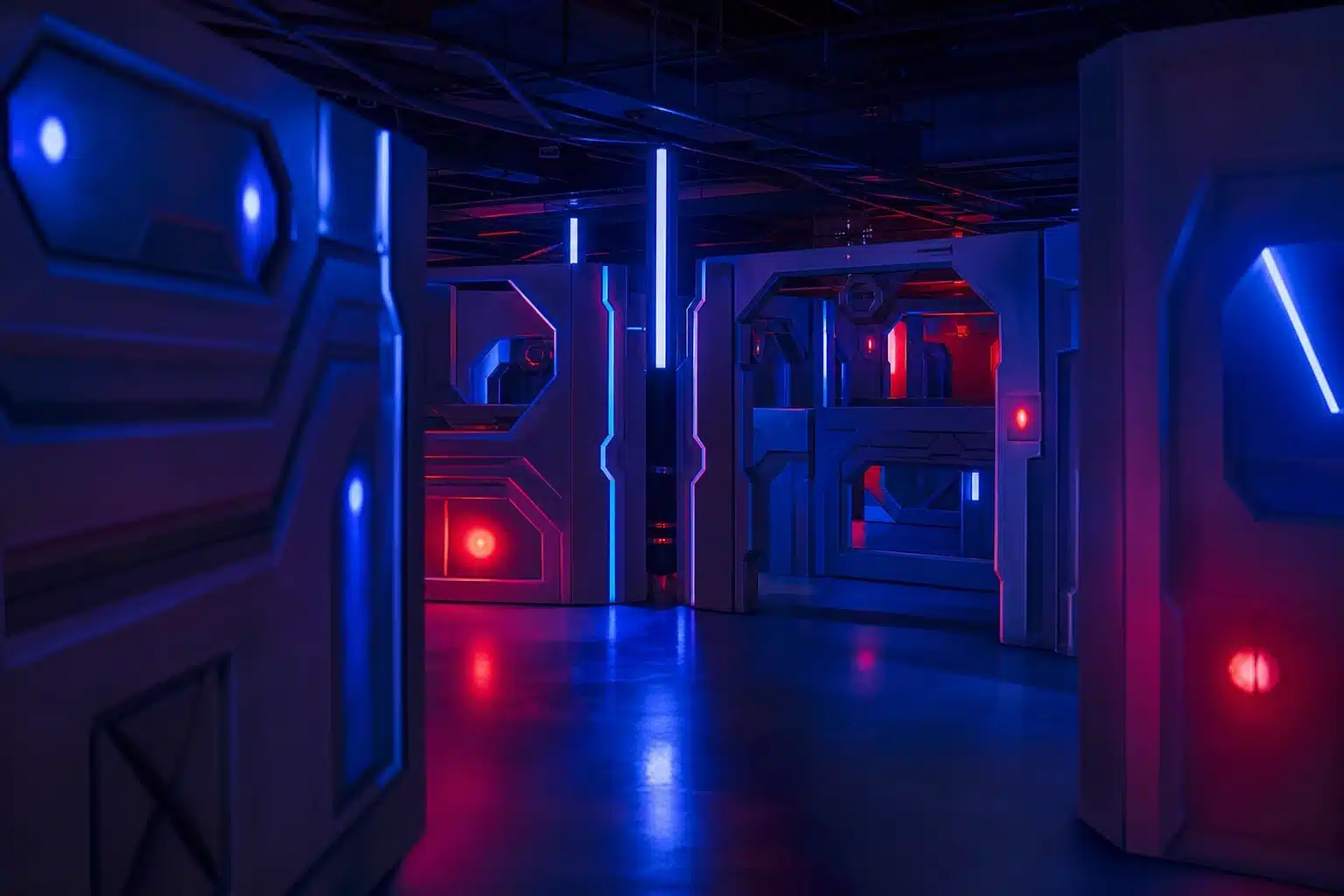 A neon-lit blue and red science fiction corridor