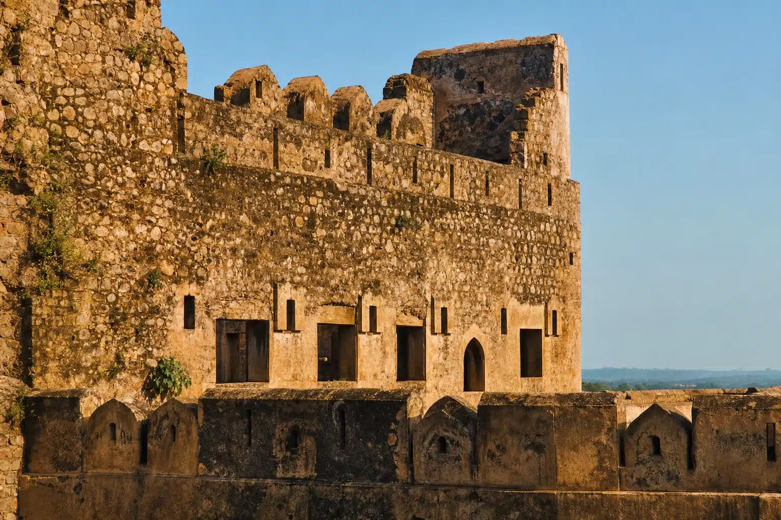 The battlements and stone walls of a hilltop fort