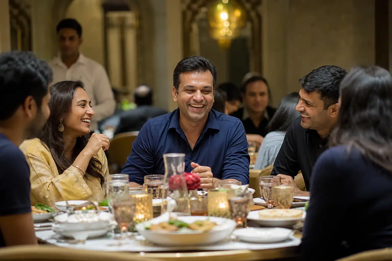 People dining elegantly and celebrating.