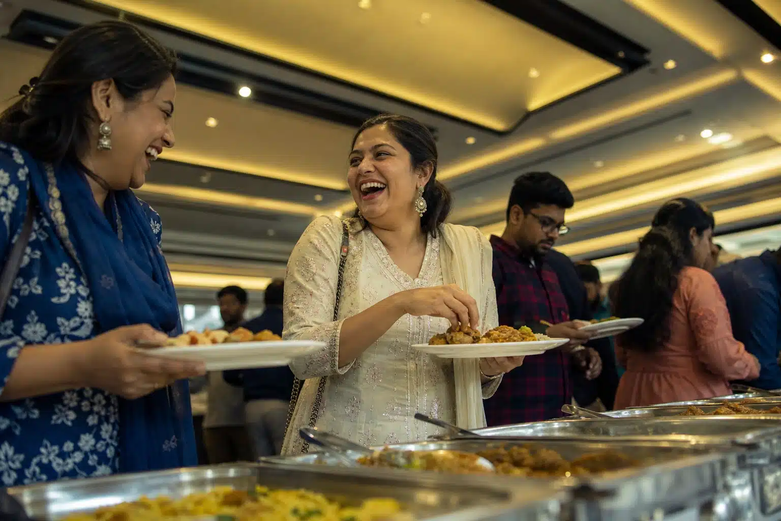 People eating at a buffet.